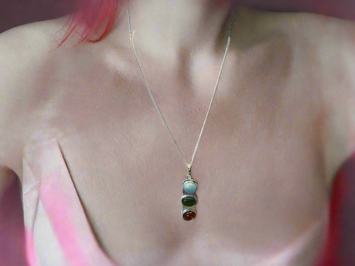 Handmade Argentium Silver Pendant Necklace, 3 Cabochons