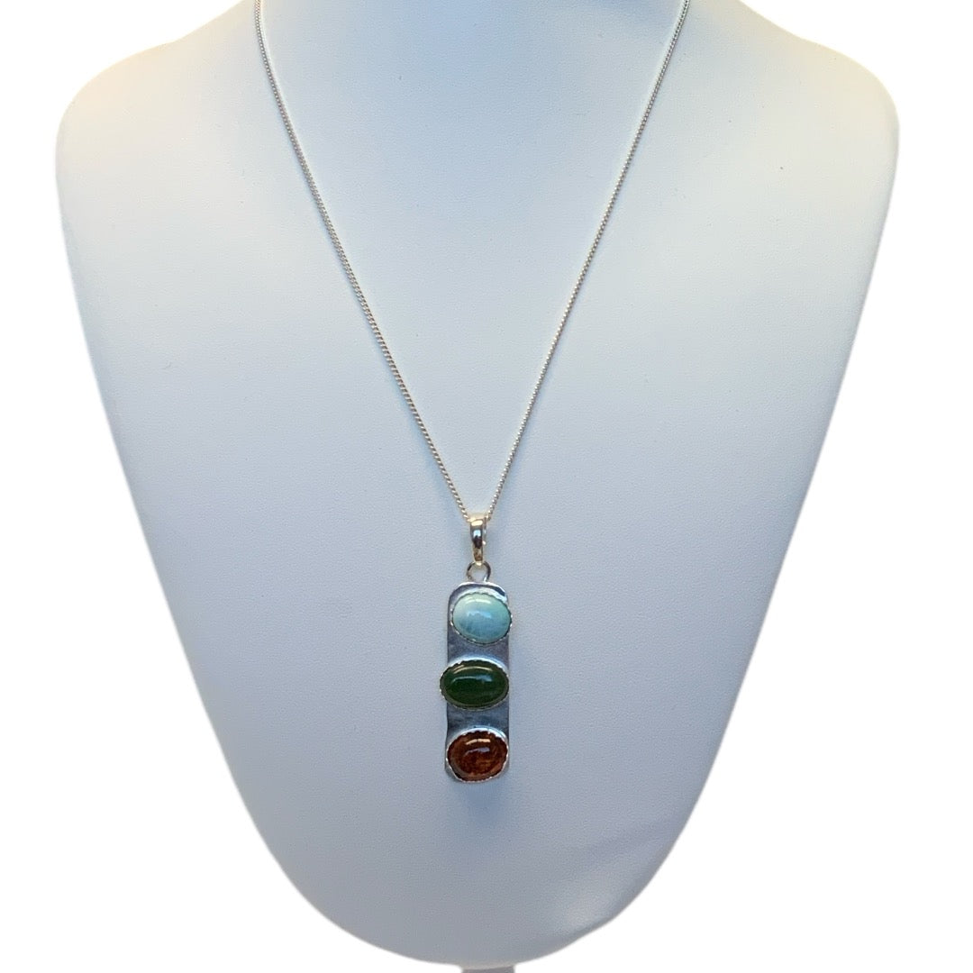 Handmade Argentium Silver Pendant Necklace, 3 Cabochons