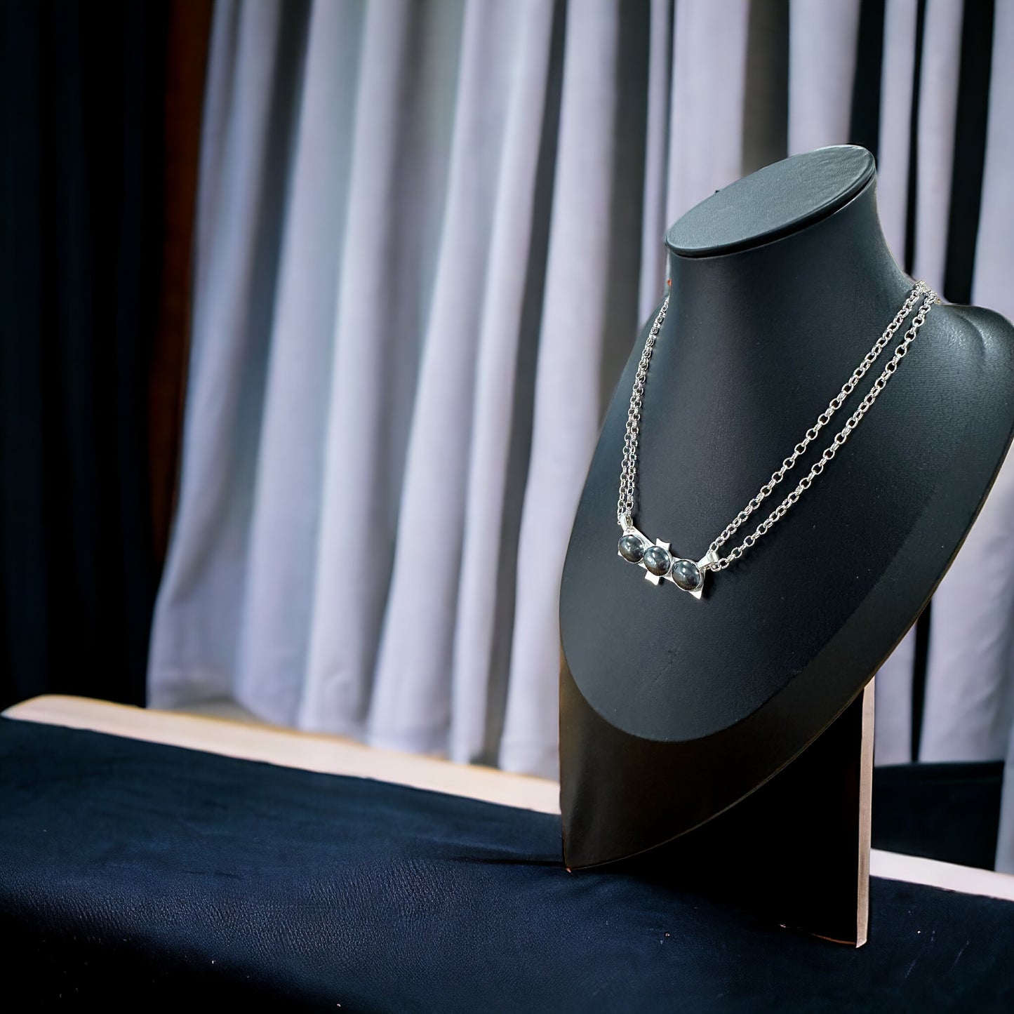 Handmade Argentium Silver Necklace, Pendant 3 Hematites, 2 strand Belcher chain