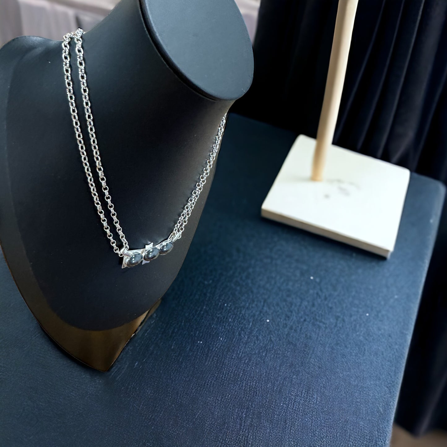 Handmade Argentium Silver Necklace, Pendant 3 Hematites, 2 strand Belcher chain