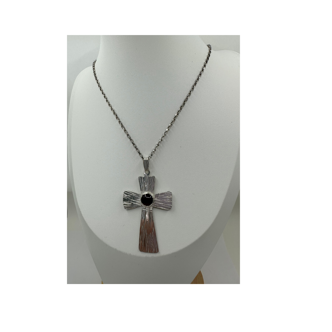 Argentium Silver Necklace, Large Cross with Garnet