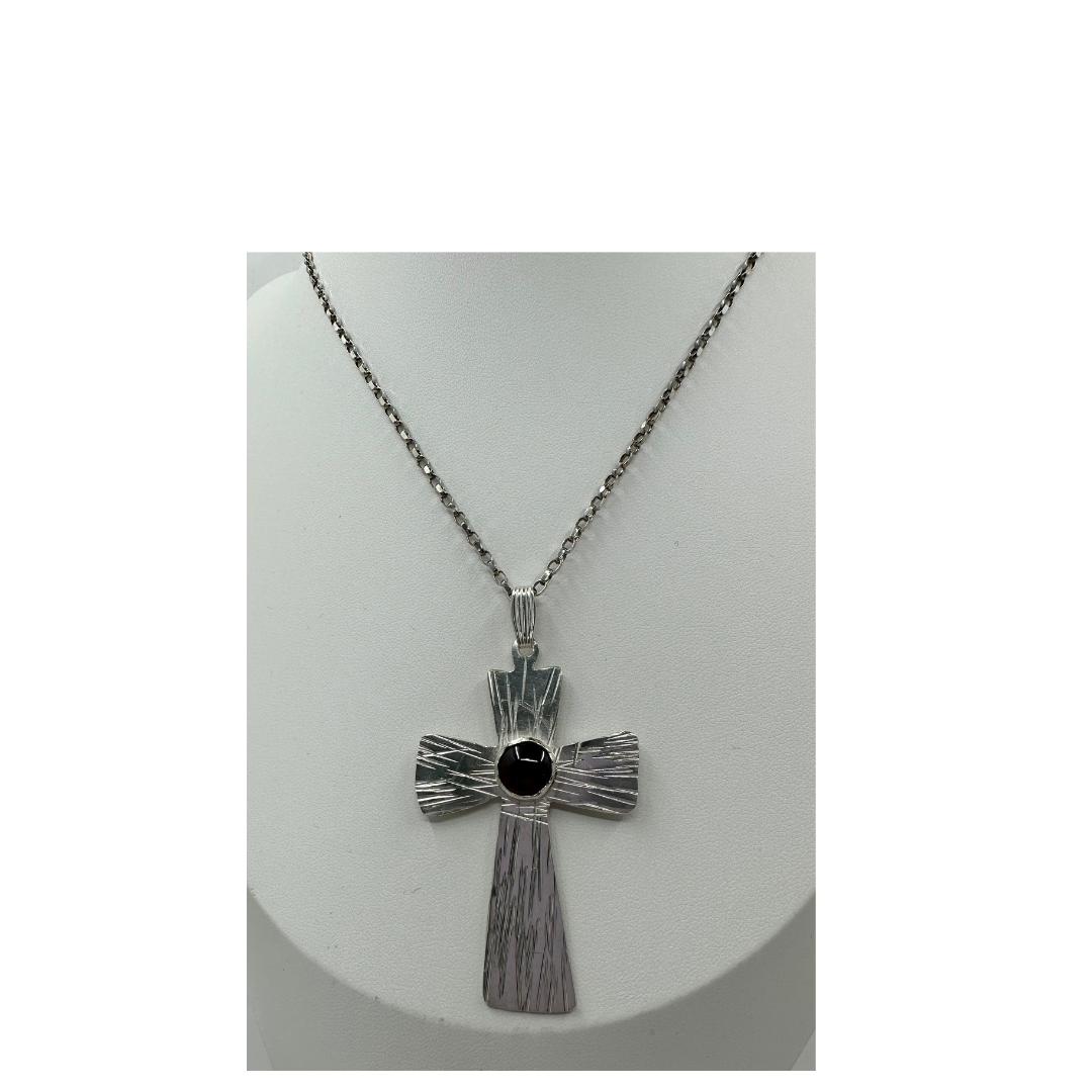 Argentium Silver Necklace, Large Cross with Garnet