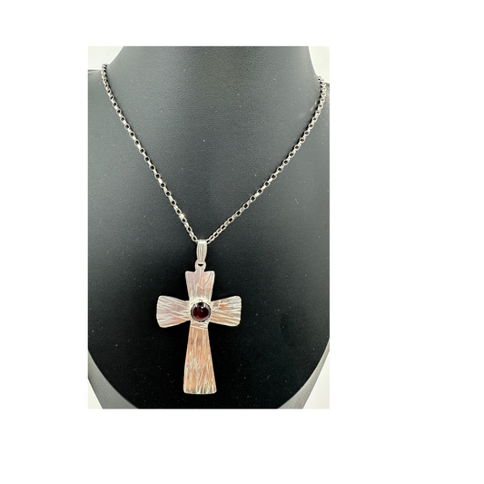 Argentium Silver Necklace, Large Cross with Garnet