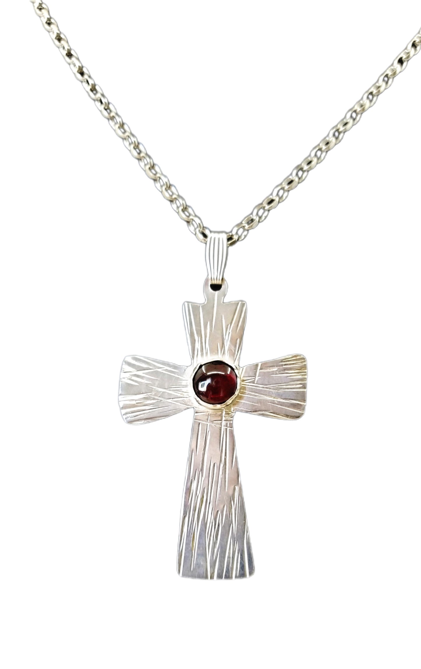 Argentium Silver Necklace, Large Cross with Garnet