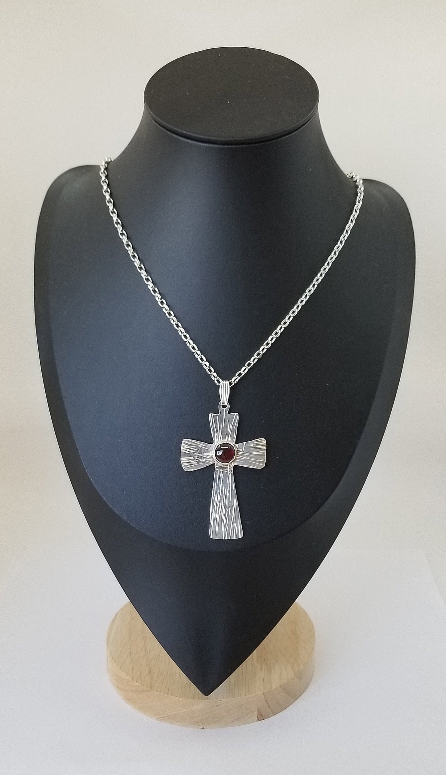 Argentium Silver Necklace, Large Cross with Garnet