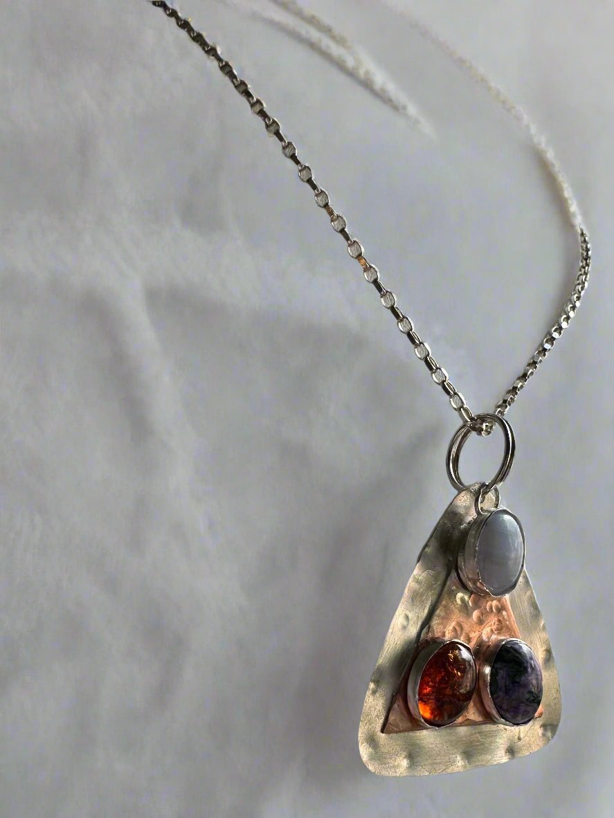 Handmade Argentium Silver & Copper Triangle shaped Pendant Necklace with 3 Cabochons