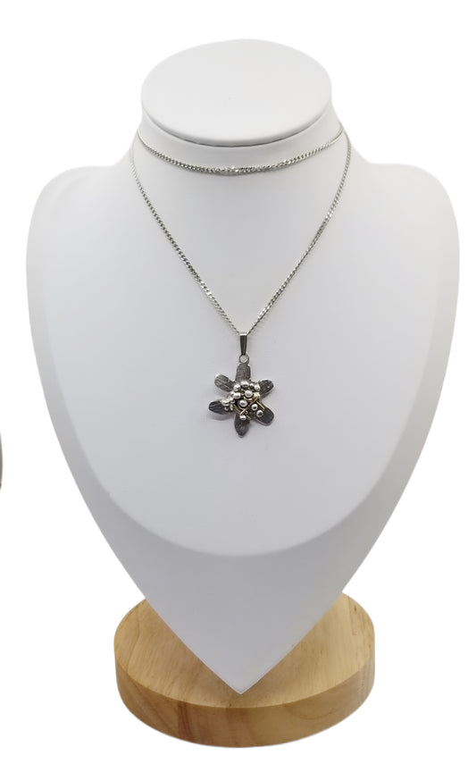 Flower Necklace with 22K gold accents with Argentium diamond cut curb chain